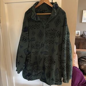 Oversized Green and Blue Patterned Fleece Jacket